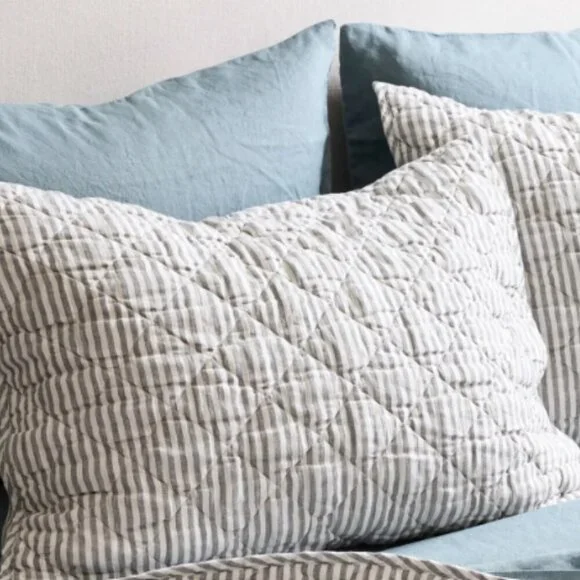 NWOT QUINCE European Linen Stripe Quilted King Sham Set Grey/White Stripe (Q10) - Picture 2 of 7